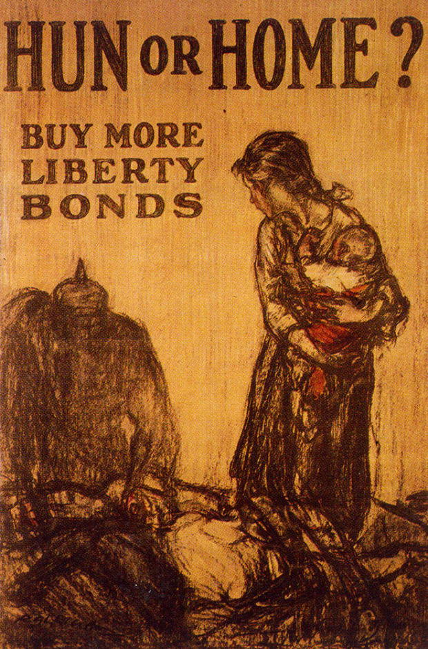 Graphic text on a vintage background "Hun or Home? Buy more liberty bonds"
