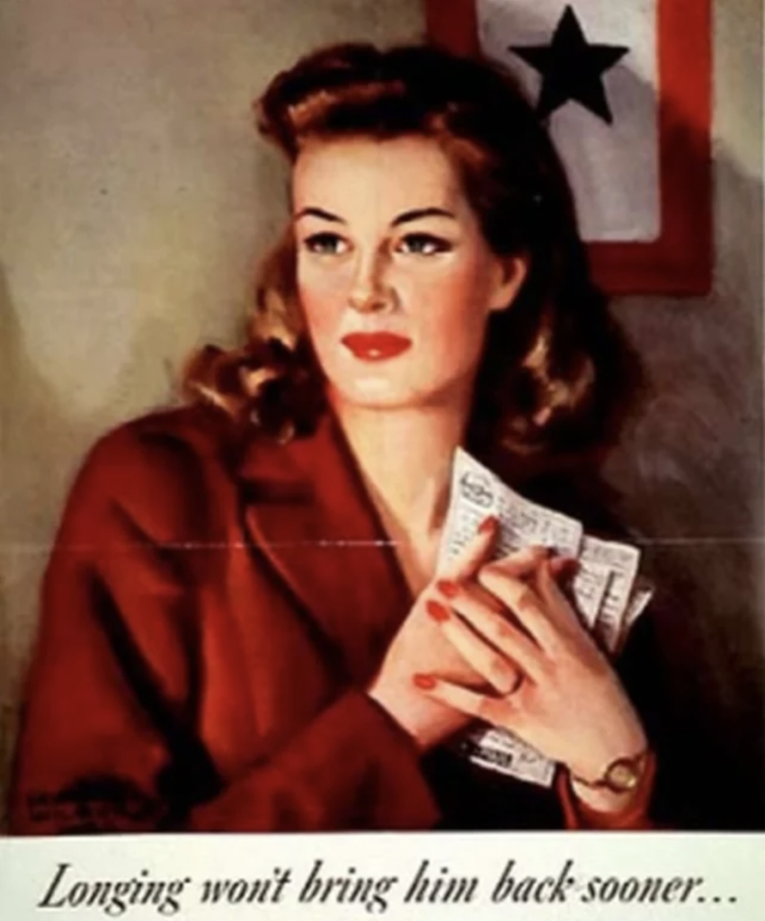 Vintage WWII drawing of a woman dressed in red clutching a letter to her chest.